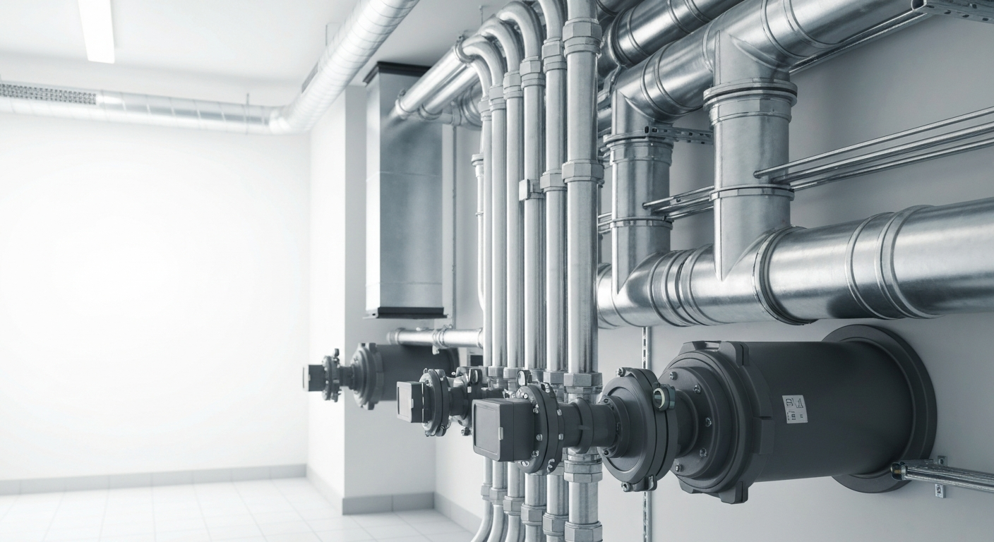 Nowoczesny, precyzyjnie zainstalowany system wentylacji dla zeroemisyjnych budynków, zgodny z nowymi przepisami.