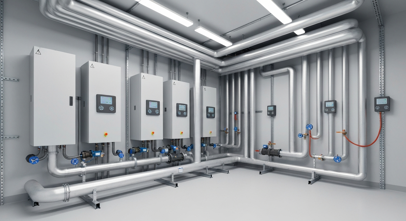 Nowoczesna instalacja pompy ciepła Warszawa, precyzyjny montaż komponentów grzewczych w technicznym pomieszczeniu.