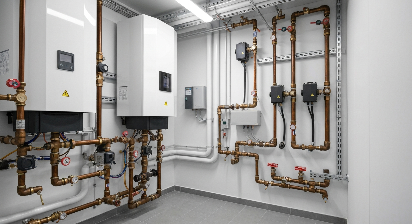 Precyzyjna instalacja nowoczesnej pompy ciepła w kotłowni przez AVM24 w Warszawie.