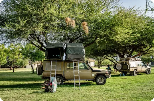 Guided self-drive safari w Tanzanii z outventure.life: obozowisko na kempingu, samochody terenowe 4x4 Land Cruiser z rozłożonymi namiotami dachowymi i drabinami pod rozłożystymi akacjami, w tle zarys lodge'y.