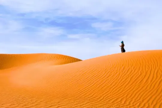 Kobieta stojąca na szczycie piaszczystej wydmy na Wielkim Ergu Zachodnim, wycieczka do Algierii