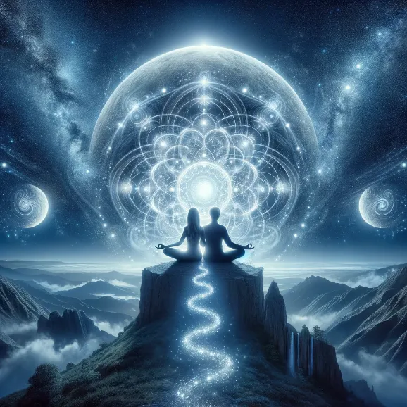 obraz, przedstawiający parę w pozycji medytacyjnej, siedzącą plecami do siebie na wysokim klifie z widokiem na rozgwieżdżone niebo.