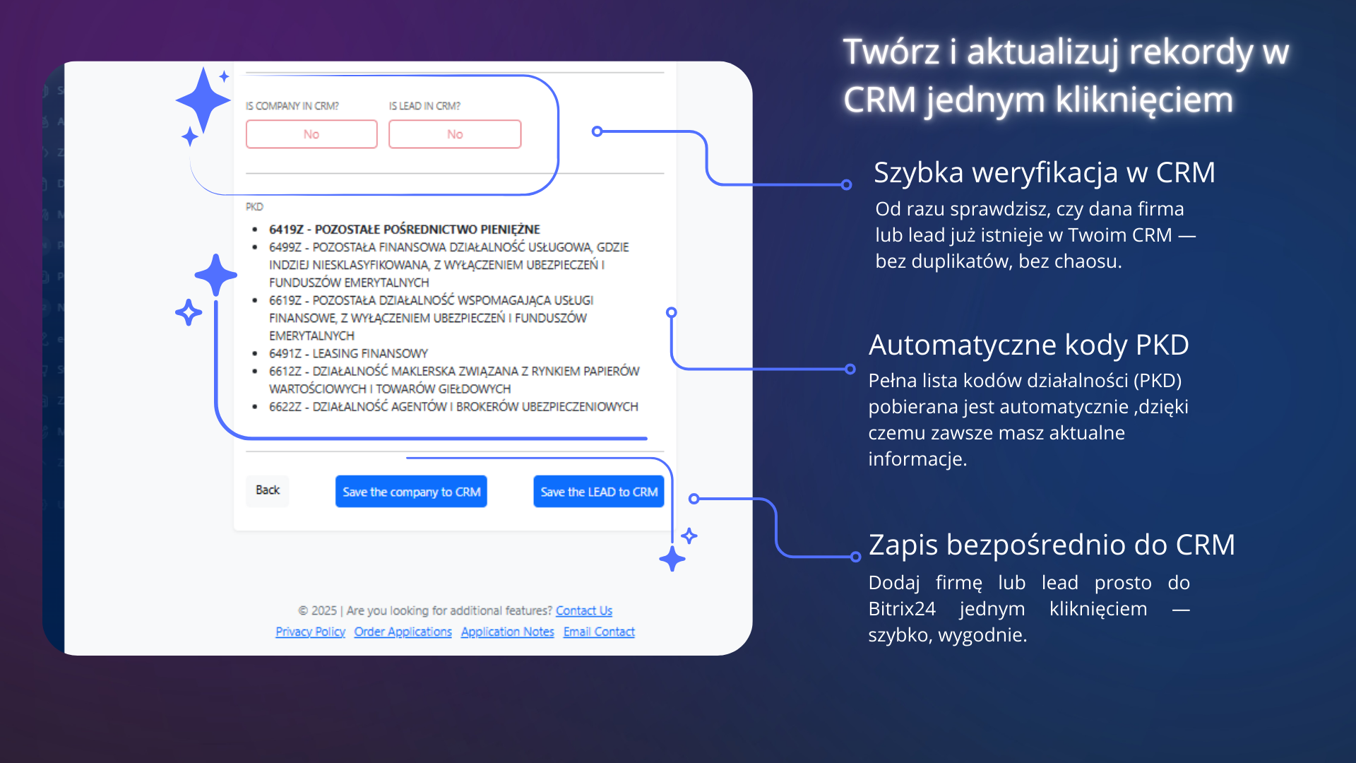 Zapis firmy lub leada do Bitrix24 CRM wraz z kodami PKD