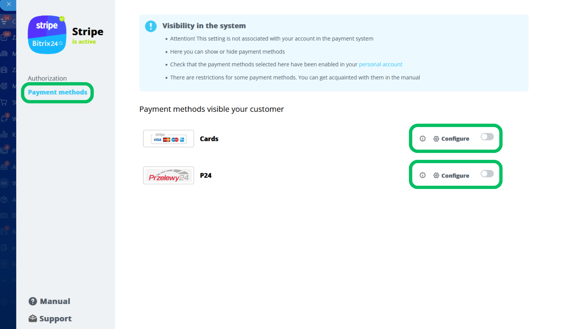 Lista metod płatności Stripe w Bitrix24