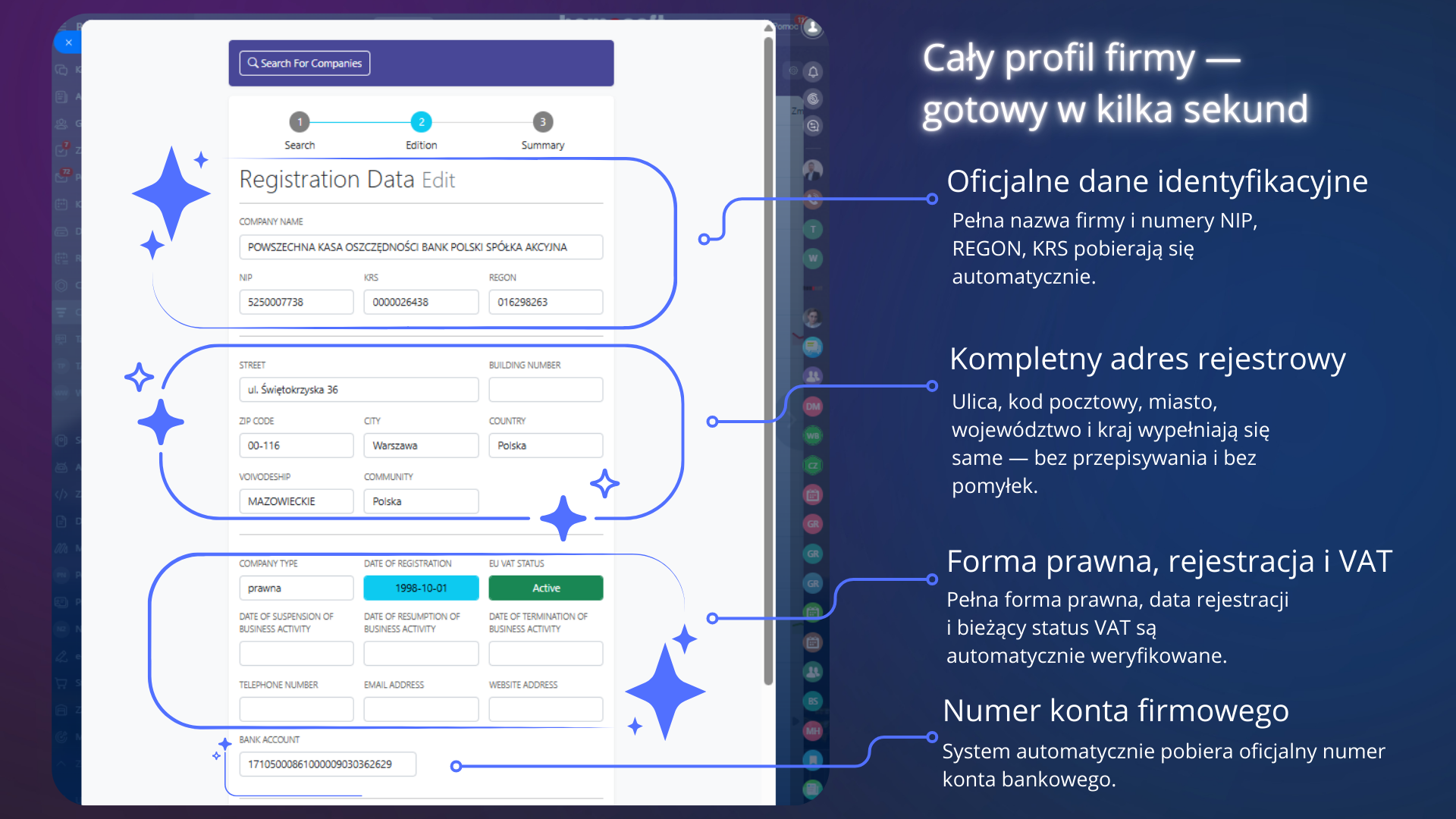 Widok pełnych danych firmy pobranych z rejestrów i gotowych do zapisu w CRM