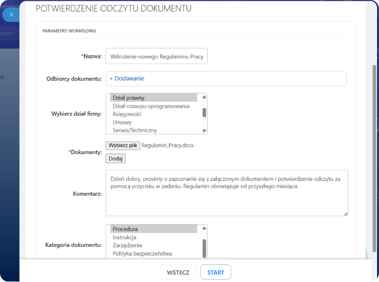 Formularz parametrów workflow w Bitrix24