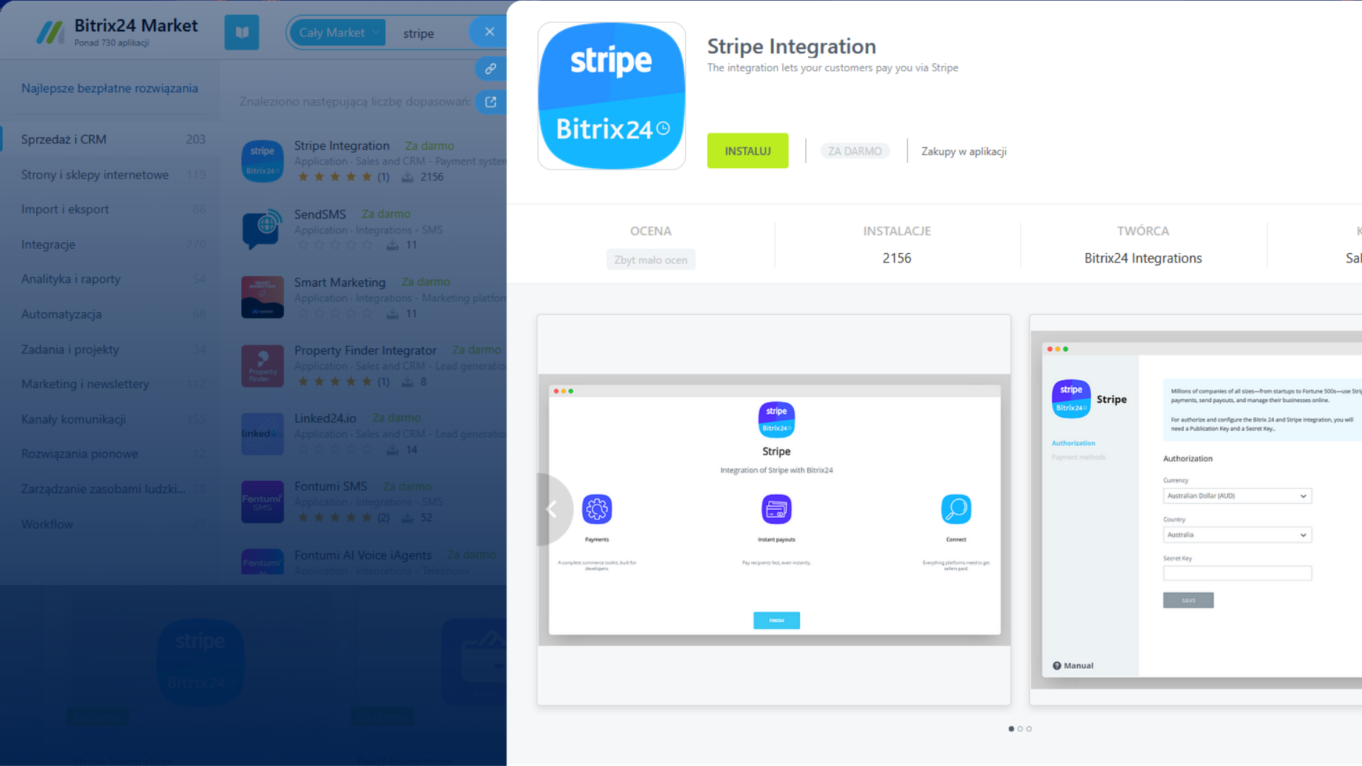 Wyszukiwanie aplikacji Stripe Integration w Bitrix24 Market
