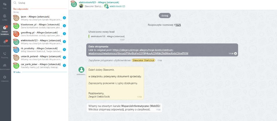 Wiadomość allegro widoczne w otwartych chat bitrix24.