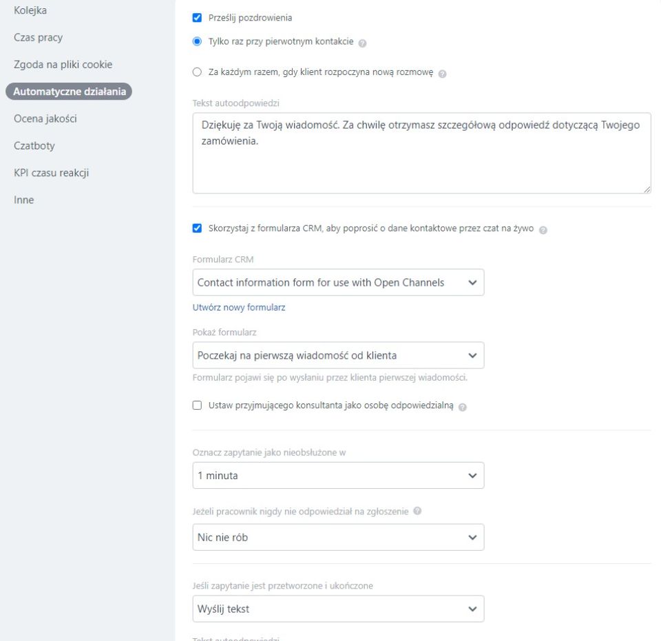Zaplanuj auto odpowiedź powitalną i na zakończenie rozmowy w bitrix24