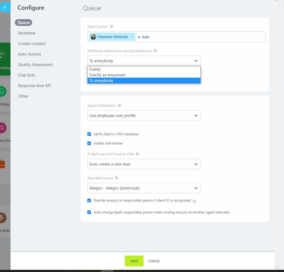 Configuration of the Bitrix24 distribution queue for messages from Allegro