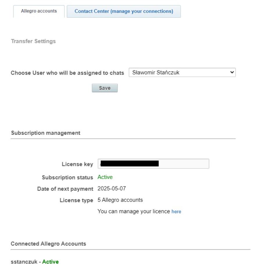 Prosta konfiguracja aplikacji z podglądem na licencję i listę kont allegro