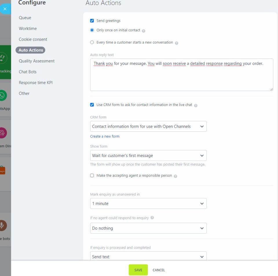 Schedule an automatic welcome and end response at bitrix24